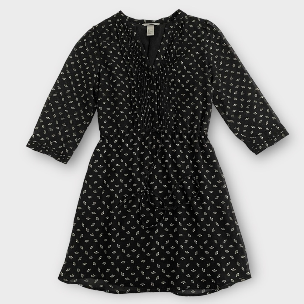 H&M Women’s Dress Size 4 Fit Flare Fan Print Business Casual Office Sheer Sleeve